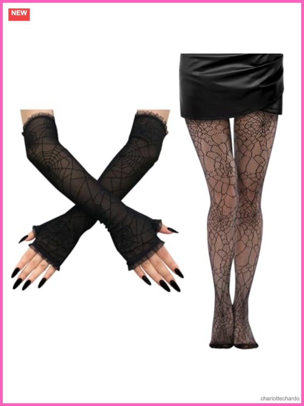 Women's Spider Web Fishnet Tights & Lace Gloves Set Halloween Gothic Cosplay